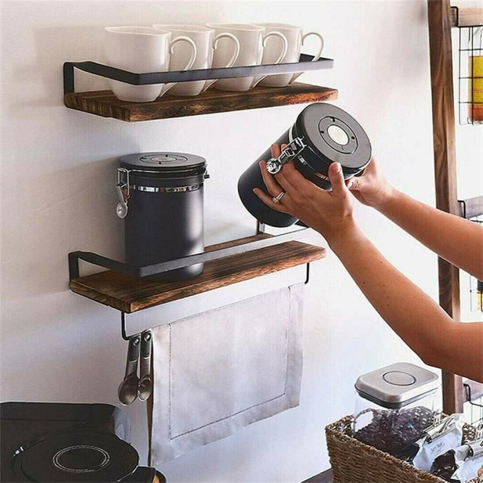 Étagères Murales Lot de 2 Étagères Flottantes Fixées en Bois avec Porte-Serviettes pour Chambre Salon Salle de Bain Cuisine