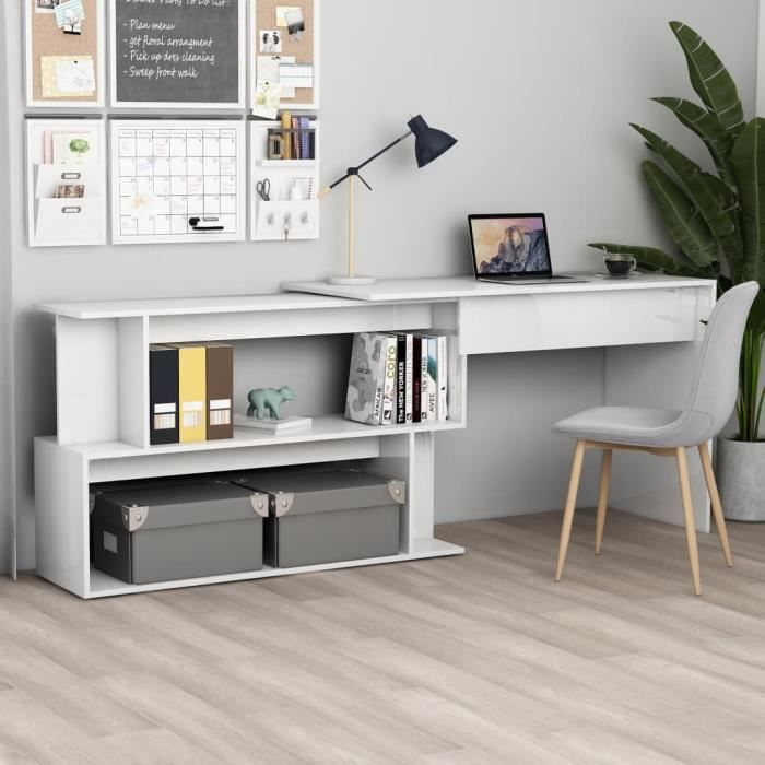 Bureau dangle - Blanc - 200x50x76 cm - Aggloméré - Rotatif - Compartiments ouverts