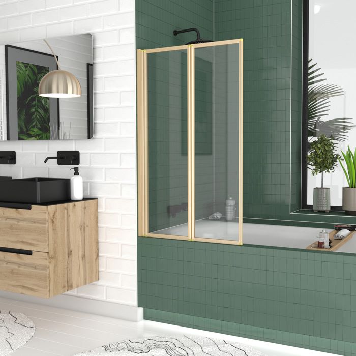 Pare baignoire Pivotant 2 Volets Or Doré Brossé - Verre Trempé 4mm - DUPLO