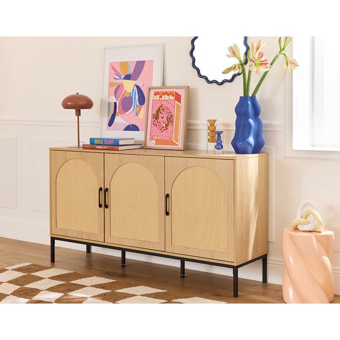 Nagato - buffet bas - cannage et effet bois - 3 portes - 150 cm - Bois / Noir Nagato - buffet bas - cannage et effet bois - 3 portes - 150 cm - Bois / Noir