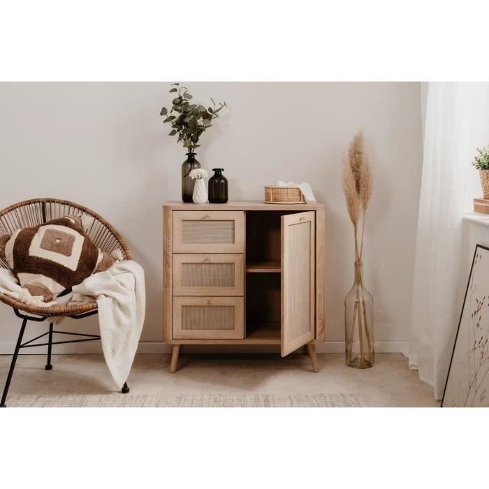 Petit meuble de rangement - 3 tiroirs - 1 porte - Décor Cannage - L809 x H84 x P40 cm