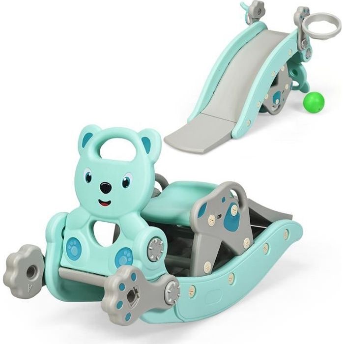 COSTWAY Toboggan pour Enfants 2 en 1 Cheval a Bascule en Plastique Chaise Amovible avec Cerceau de Basketball pour Enfants 3Ans Ver Cdiscount Jeux Jouets