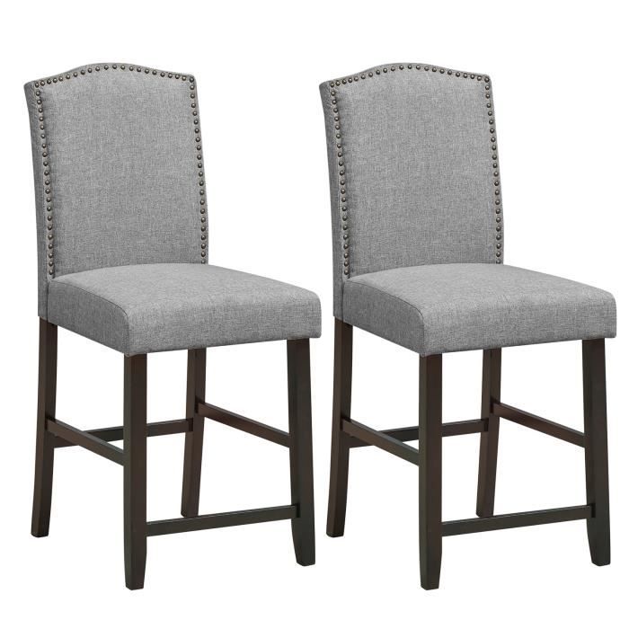 chaises de bar - costway - coussin epais en lin - pieds en bois d'hévéa - charge max. 120 kg - gris