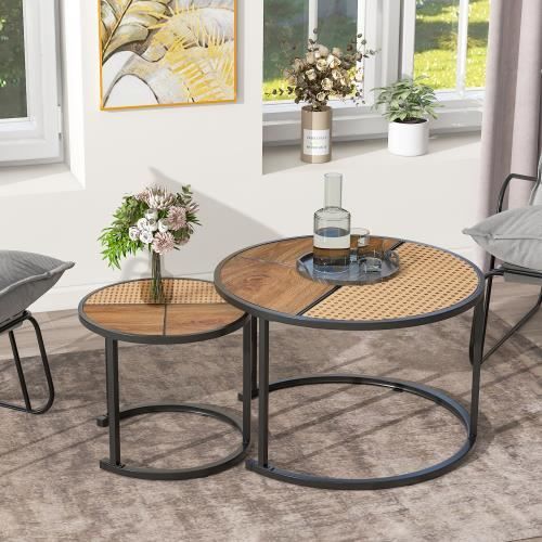 Lot De 2 Tables Basses Rondes En Pin Naturel - Ø80 Cm Et Ø46 Cm, Design Gigogne Moderne
