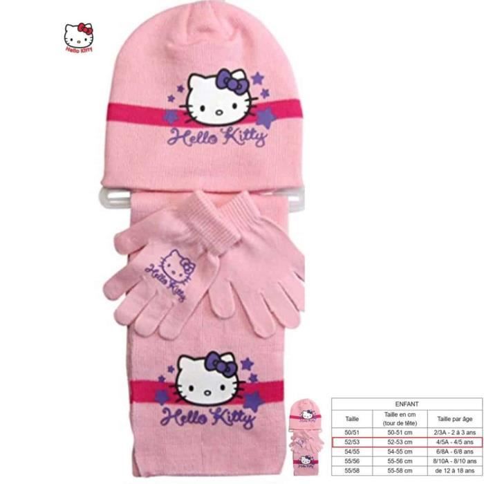 Kit Froid Enfant Ensemble Hiver Hello Kitty Bonnet Écharpe Gants - Set 3 Pièces Fille 6-14 Ans 100% Acrylique Lavable