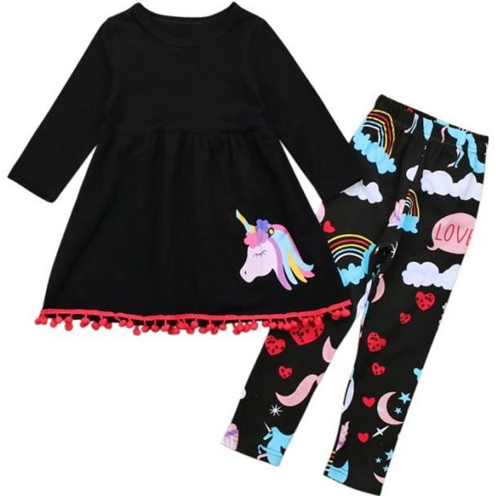 1-6 Ans Enfant Fille 2 PCS Ensemble Vêtement Licorne Imprimé Coloré Manche  Longue : Robe à Franges + Legging Noir - Cdiscount Prêt-à-Porter