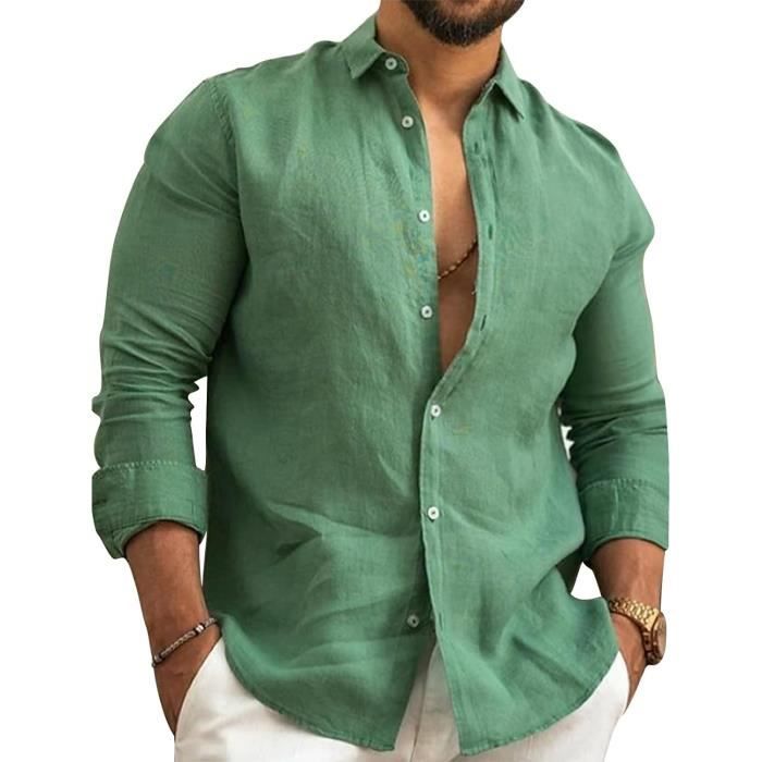 chemise - chemisette  chemise en coton et lin homme chemisette à manches longues printemps été l'automne casual shirt pour vert