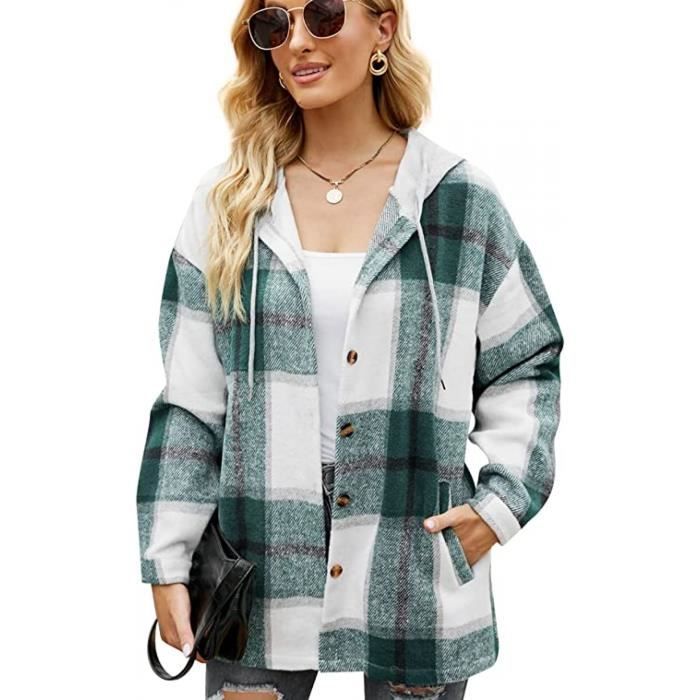 Femme Veste Chemise à Carreaux Veste épaisse Automne Hiver Hoodie Shacket  Manteau Chaud Chemisier à Manches Longues