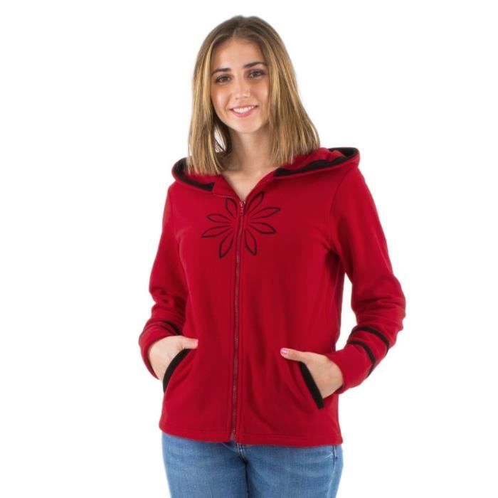 Coline Veste polaire pour femme capuche brodee fleurs Rouge Cdiscount Pret a Porter