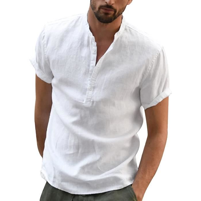 Chemise Lin Homme Manche Courte Col Mao Chemise Été Homme Leger en