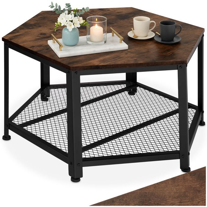 Table basse - TECTAKE - Table de salon NORWICH hexagonale style industriel en bois MDF et acier 865 x 75 x 465 cm - Bois foncé