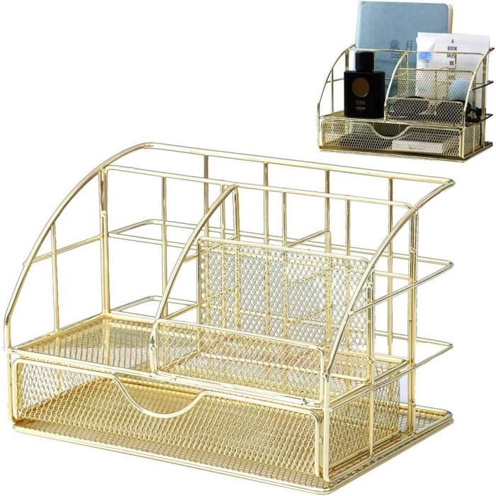 Organiseur Bureau 5 Compartiments En Bambou - Rangement Stylos, Téléphone, Cosmetics - Blanc