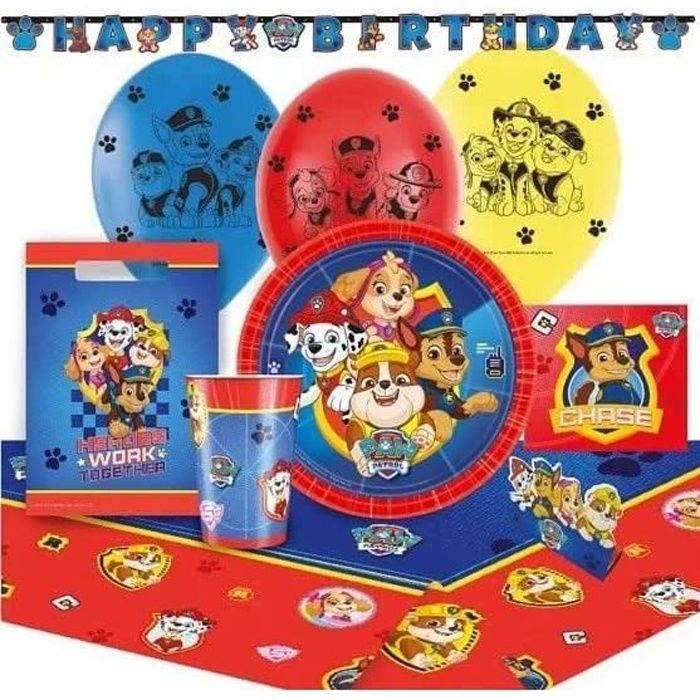 Kit Anniversaire XXL Pat Patrouille 56pcs 8Enfants 8 Assiettes 8 gobelets 16Serviettes 8sachets 6Ballons 8Invit 1guirlande 1 nappe