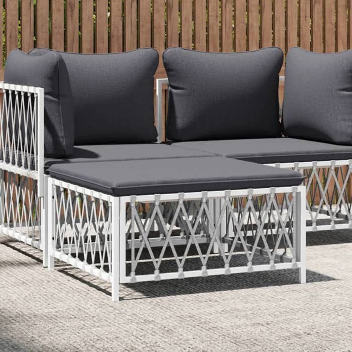 vidaXL Repose-pied de Jardin avec Coussin Tabouret avec Cadre en Acier Meuble de Patio Terrasse Balcon Extérieur Blanc 364140