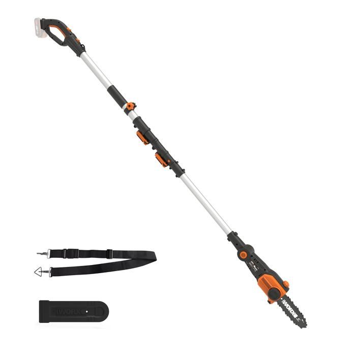 WORX Élagueuse Tronçonneuse sans Fil 20V WG349E.9 Guide de 20 cm manche Télescopiqueavec hauteur de Coupe jusqu'à 3 6m avec harnais et gaine de Lame livrée sans Batterie ni Chargeur