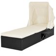 Chaise longue réglable polyrotin 195x60cm noir crème avec pare-soleil Jardin-1