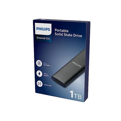 Philips SSD Portatile Esterno 1 TB, SATA Ultra Speed, USB-C, Lettura Fino A 540 MB/s, Case In Alluminio Antracite. Ultra Sottile, Compatibile Con PC, Mac, Tablet. Cavo USB-C/USB-A Incluso.