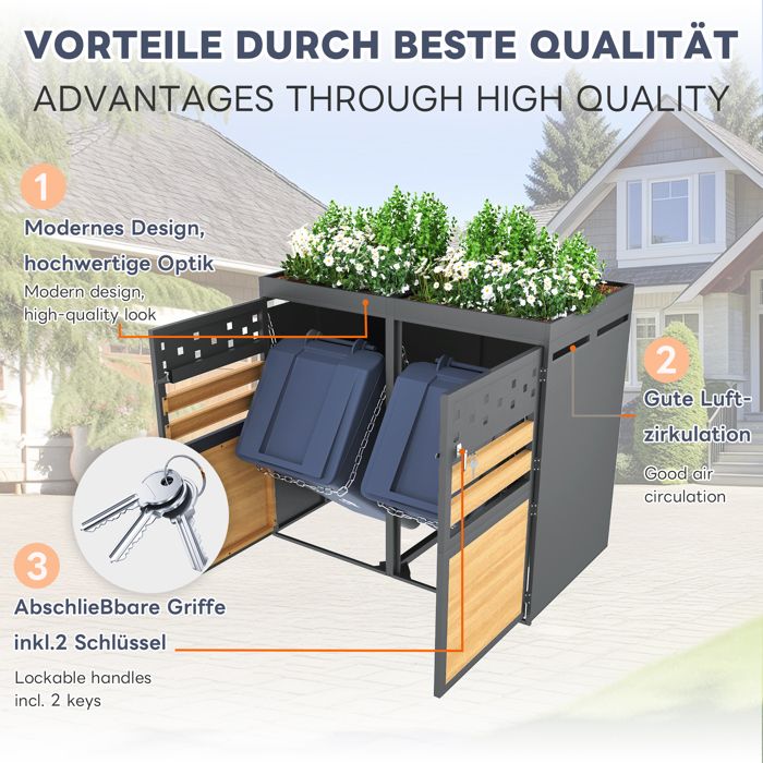 Cache-poubelle Extérieur 120 L En Bois Sapin - Avec Couvercle Relevable Et Portes Verrouillables - Abri Jardin
