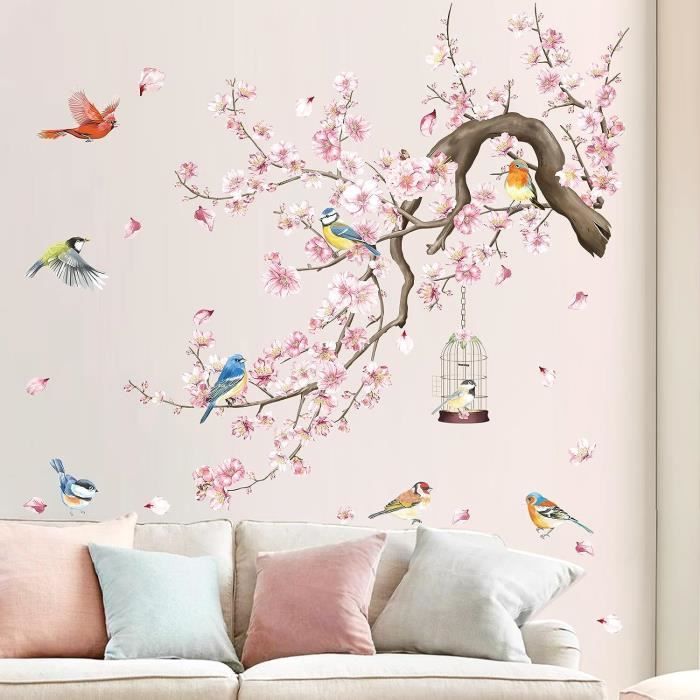 Stickers Muraux Fleurs de Cerisier Autocollant Mural Grand Arbre de Fleurs  Rose Arbre Autocollant Murale Oiseaux et Branche - Cdiscount Maison
