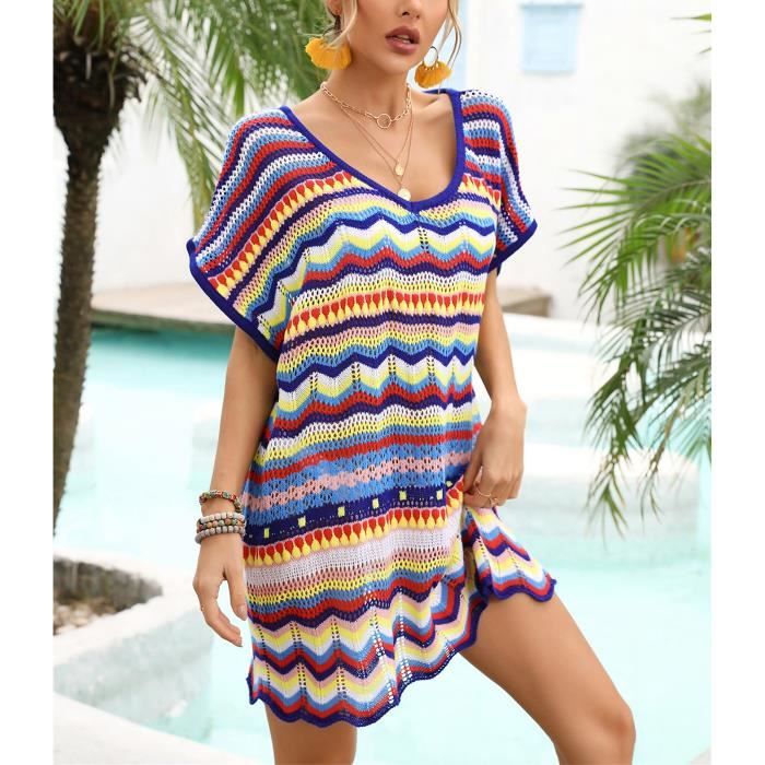 Robe de plage en bikini Dilwe Vague Rayures evider Crochet Col en V a Manches Bleu et Blanc Blue Cdiscount Pret a Porter