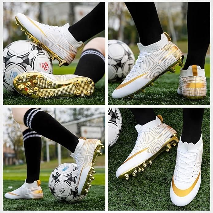 GOGOUP Chaussures De Football Homme Spike Crampons Profession Chaussures De Foot Adultes Athlétisme Entrainement Chaussures De Sport Blanc Rouge EU35