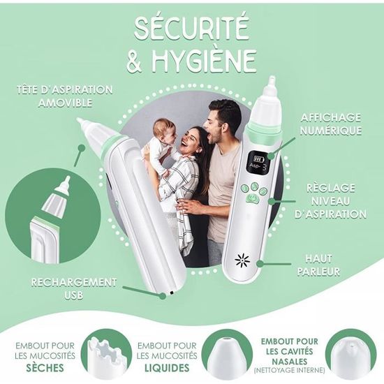 Aspirateur Nasal Électrique Pour Bébé Rechargeable - 5 Niveaux Aspiration, 3 Embouts Silicone, Lumière & Musique, IPX6