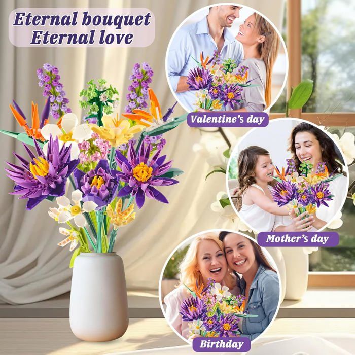 Jeu de construction de fleurs PLAXSOON 1464 pièces - Bouquet coloré et décoratif Jeu de construction de fleurs PLAXSOON 1464 pièces - Bouquet coloré et décoratif