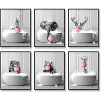 Lot de 6 Ballons à bulles d'animaux drôles pour salle de bain - Décoration murale - Noir et blanc - 20.3 x 25.4 cm - Sans cadre