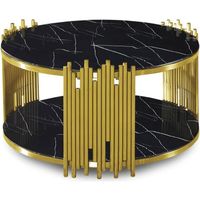 Table basse ronde en verre effet marbre noir et pieds en métal doré - LEXIE - Noir - Verre
