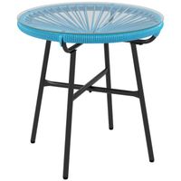 Table basse ronde de jardin en résine aspect rotin métal et plateau verre trempé Ø 50 x 50H cm bleu