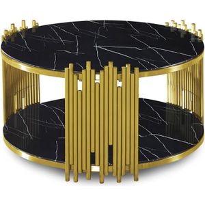 TABLE BASSE Table basse ronde en verre effet marbre noir et pieds en métal doré - LEXIE - Noir - Verre