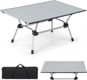 TABLE DE CAMPING GYMAX Table de Camping Enroulable en Alliage d'aluminium en Hauteur sur 4 Niveaux, Table de Pique-Nique Portable avec Sac, Argent