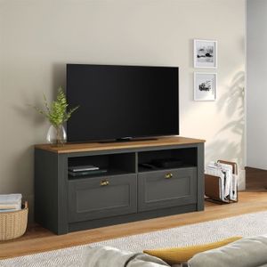 MEUBLE TV Meuble TV - IDIMEX - BOLTON - 2 tiroirs - Rangement - Design campagne - Pin massif anthracite et brun