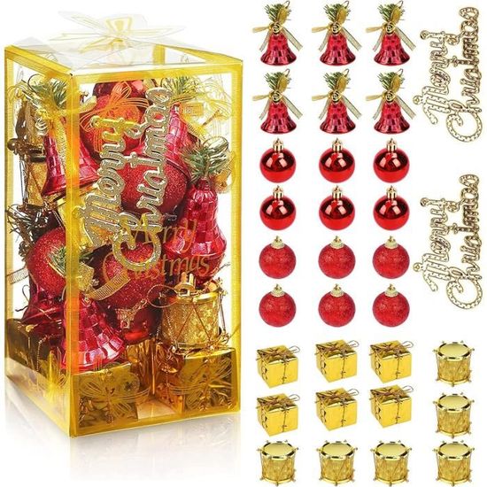 49 Mini Boules De Noël 3 Cm Avec Rubans - Rouge, Or, Jaune, Plastique Réutilisable