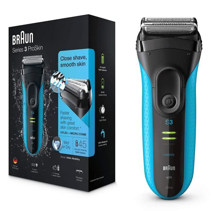 Braun Series 3 ProSkin 3040s Rasoir Électrique Homme Barbe, Noir-Bleu - Rasoir Électrique Rechargeable