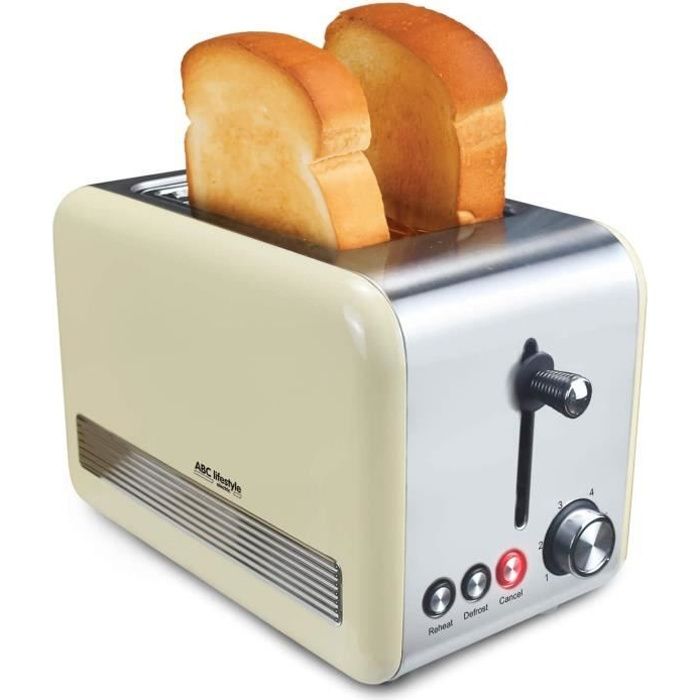 Grille-2 Fentes-Cuisson Rapide-Petit Déjeuner- Contrôl Niveaux de Brunissage-Toaster Vintage-850W-Beige.