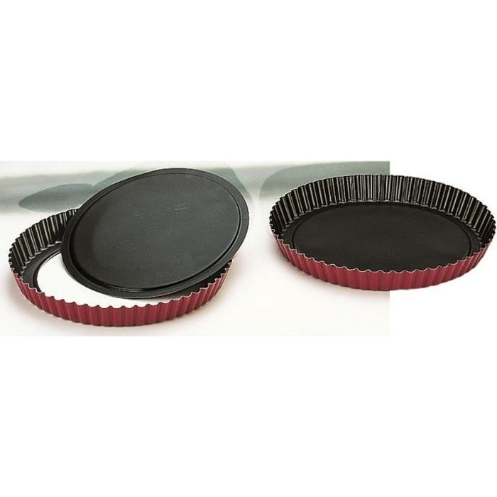 MOULE A TARTE DENTELE 32 cm FOND AMOVIBLE ALUMINIUM ANTI-ADHERENT EXTERIEUR ROUGE MOUCHETE PASSE AU LAVE-VAISSELLE