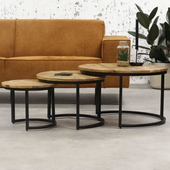 Cedric Table Basse Ø70 / 53 / 41 cm Industriel - Bois Massif