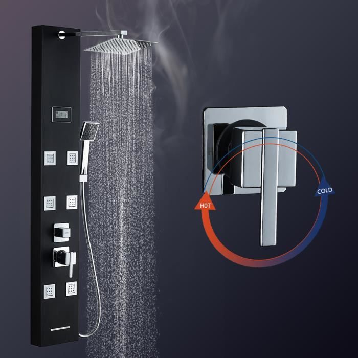 Auralum® Colonne de Douche avec Six Micro-jets de Massage Intégrées et Écran LCD--en Acier Inox Noir