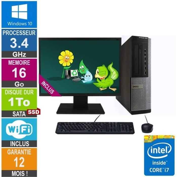 Pc Dell 7010 Dt Core I7-3770 3.40ghz 16go/1to Ssd Wifi W10 + Ecran 24