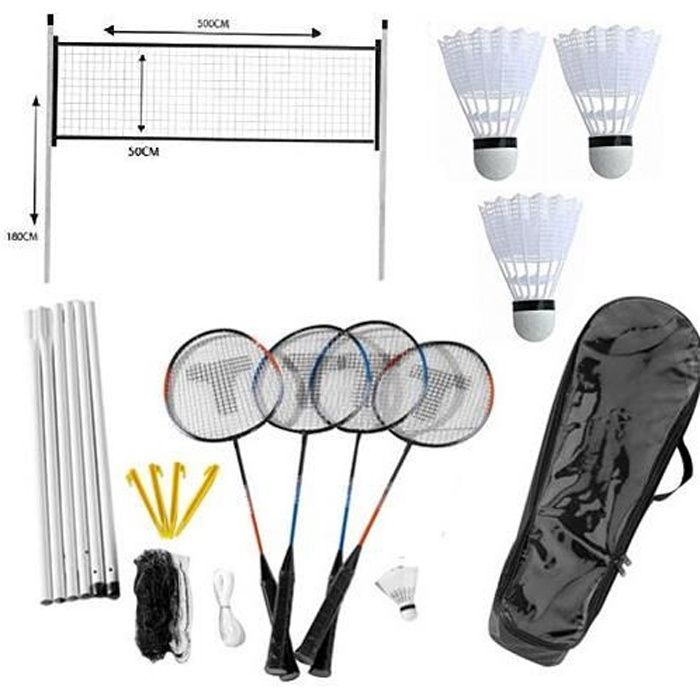Jeu Kit de Badminton 4 Joueurs Extérieur Plein Air - Avec Filet, Raquettes, Volants