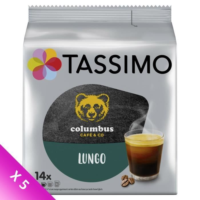 TASSIMO Café Dosettes Columbus Lungo - Lot de 5 x 14 boissons