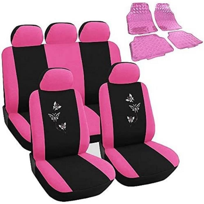 WOLTU Housse de siège Voiture Universelle en Polyester + Tapis de Sol Voiture en PVC Set, Noir Rose 7247+7160