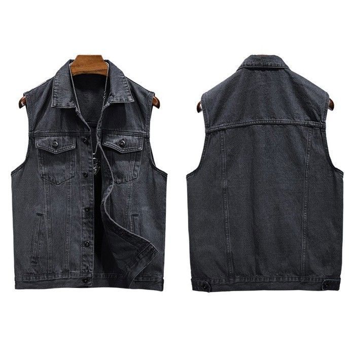 Gilet en jean Homme Slim Col chemise Sans manche Effect blanchi Casual Noir
