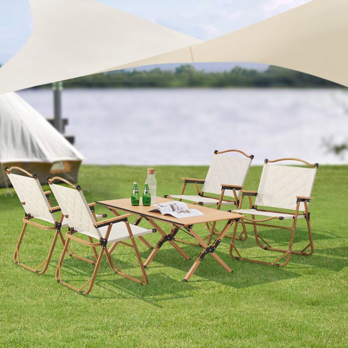 Set de table et 4 chaises de camping Botrugno tissu Oxford 600D effet bois beige