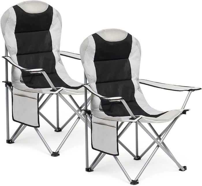 SUNMER Lot De 2 Chaises De Camping Pliantes Rembourrées Luxe – Porte-Gobelet, Poches Latérales, Charge Max 120 Kg, Ultra Légères 3,3 Kg Chacune, Noir Et Gris