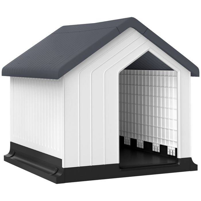 Comparer les prix de Niche chien extérieure - maison chien - niche plastique - grille d'aération - dim. 62L x 61l x 60H cm - blanc gris noir