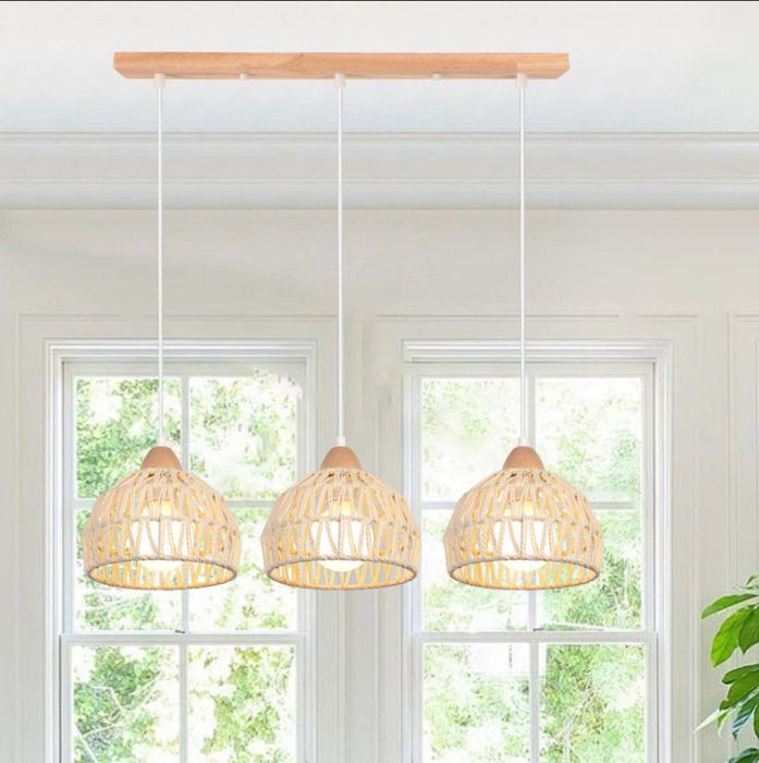 iDEGU Suspension Luminaire Vintage Lustre en Bois Rotin Blanc Abat-jour Design Cage E27 Plafonnier Rétro pour Salon Chambre