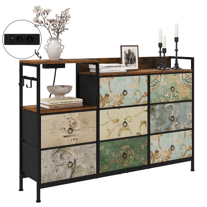 Commode WOLTU - 8 Tiroirs et Station de Charge - Métal et Bois dIngénierie - Motif de Fleur Vintage
