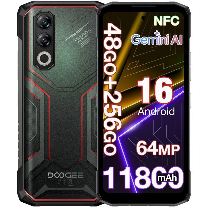 DOOGEE Blade20 Plus Smartphone Robuste 256Go 6.6 120Hz 11800mAh/33W 64MP Téléphone Portable Incassable IP68 Android 16 NFC GPS Noir